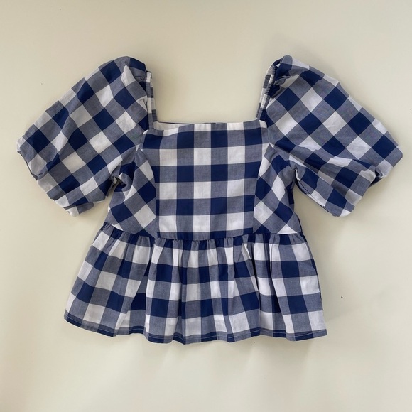 Janie and Jack Little Girl Blue White Gingham Bubble Sleeve Top Size 5, Like new - Picture 1 of 6